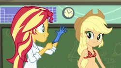 Size: 1280x720 | Tagged: suggestive, derpibooru import, edit, edited screencap, editor:aisuroma, screencap, applejack, sunset shimmer, equestria girls, friendship games, the science of magic, appleshimmer, belly button, clothes, female, imminent fisting, imminent sex, implied fisting, lesbian, rubber gloves, shipping, underwear, underwear edit