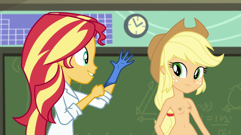 Size: 1280x720 | Tagged: questionable, derpibooru import, edit, edited screencap, editor:aisuroma, screencap, applejack, sunset shimmer, equestria girls, friendship games, the science of magic, applejack's hat, appleshimmer, belly button, clothed female nude female, cowboy hat, female, hat, imminent fisting, imminent sex, lesbian, nude edit, nudity, practitioner of naturism, rubber gloves, shipping