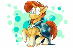 Size: 1349x883 | Tagged: safe, artist:ihasjessie-kat, derpibooru import, sunburst, pony, unicorn, abstract background, chest fluff, chin fluff, cloak, clothes, cute, ear fluff, facial hair, floppy ears, frown, glasses, goatee, hoof fluff, male, no catchlights, no pupils, open mouth, raised hoof, solo, stallion, sunbetes, surprised, unshorn fetlocks