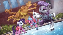 Size: 1920x1080 | Tagged: safe, artist:assasinmonkey, derpibooru import, maud pie, pinkie pie, rarity, earth pony, pony, unicorn, the gift of the maud pie, clothes, female, ice rink, ice skates, ice skating, mare, maudjestic, scene interpretation, skating, smiling, statue of prometheus, that was fast