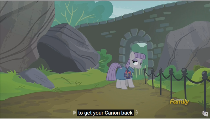 Size: 1278x726 | Tagged: bouldcam, canon, caption, close enough, derpibooru import, discovery family logo, maud pie, meme, pouch, rock pouch, safe, screencap, subtitles, the gift of the maud pie, youtube caption