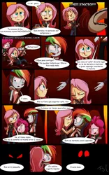 Size: 1024x1638 | Tagged: safe, artist:fj-c, derpibooru import, fluttershy, pinkie pie, rainbow dash, equestria girls, belly button, clothes, comic, dialogue, fantasy equestria, midriff, scar, spanish