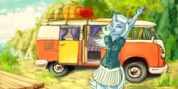 Size: 1024x512 | Tagged: anthro, artist:kovoranu, clothes, cute, derpibooru import, eyes closed, fluffy, microbus, pleated skirt, safe, skirt, smiling, solo, stretching, trixie, volkswagen, volkswagen transporter, volkswagen type 2