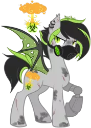 Size: 1024x1436 | Tagged: semi-grimdark, artist:diigii-doll, derpibooru import, oc, unofficial characters only, bat pony, cyborg, pony, amputee, blood, ear piercing, earring, mask, piercing, prosthetic limb, prosthetics, respirator, scar, scratches, solo