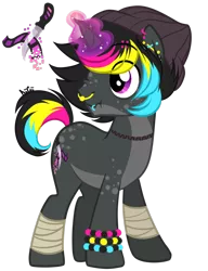 Size: 1024x1333 | Tagged: artist:diigii-doll, beanie, bracelet, cutie mark background, derpibooru import, ear piercing, earring, glowing horn, hat, knife, lip piercing, magic, nose piercing, oc, oc:cutscene, piercing, rainbow hair, safe, scrunchy face, simple background, solo, tape, tattoo, telekinesis, transparent background, unofficial characters only