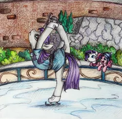 Size: 800x779 | Tagged: artist:buttersprinkle, backbend, clothes, derpibooru import, dress, flexible, ice, ice rink, ice skates, ice skating, majestic as fuck, maudjestic, maud pie, pinkie pie, rarity, safe, skates, the gift of the maud pie, traditional art