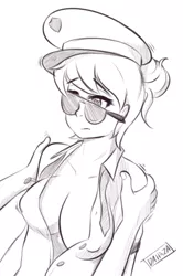 Size: 501x756 | Tagged: artist:sugarlesspaints, breasts, busty copper top, cleavage, clothes, copper top, derpibooru import, female, grayscale, human, humanized, monochrome, open clothes, pinkie pie, scene interpretation, sketch, solo, solo female, suggestive, sunglasses, the gift of the maud pie