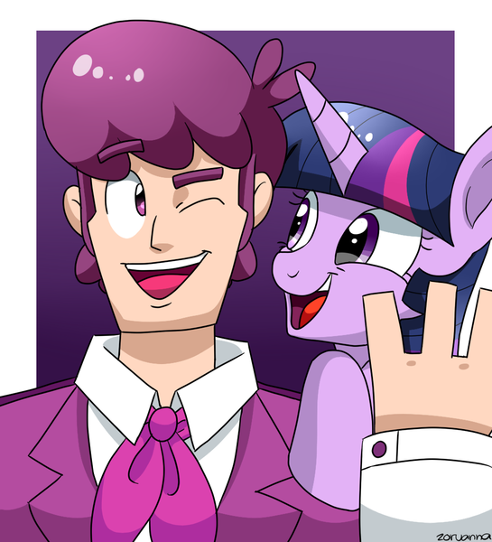 Size: 1000x1100 | Tagged: artist:zoruanna, crossover, derpibooru import, human, lewis, mystery skulls, mystery skulls ghost, open mouth, safe, twilight sparkle, wink