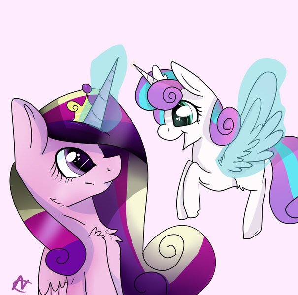 Size: 747x741 | Tagged: safe, artist:cartoonivia, derpibooru import, princess cadance, princess flurry heart, alicorn, pony, chest fluff, magic, mama cadence, mother and daughter, telekinesis