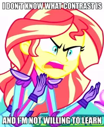 Size: 606x741 | Tagged: safe, derpibooru import, edit, edited screencap, screencap, sunset shimmer, equestria girls, friendship games, angry, caption, contrast, image macro, meme, solo, sunset is not willing to learn
