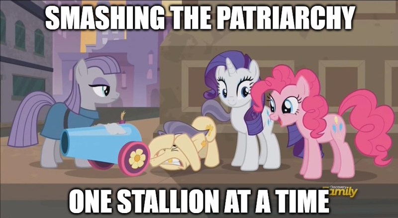 Size: 889x488 | Tagged: caption, derpibooru import, edit, edited screencap, feminism, feminism is magic, image macro, maud pie, meme, patriarchy, pinkie pie, rarity, safe, screencap, social justice warrior, street rat, the gift of the maud pie