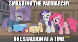 Size: 889x488 | Tagged: caption, derpibooru import, edit, edited screencap, feminism, feminism is magic, image macro, maud pie, meme, patriarchy, pinkie pie, rarity, safe, screencap, social justice warrior, street rat, the gift of the maud pie