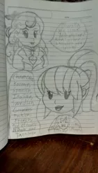 Size: 1872x3328 | Tagged: safe, artist:pokecure123, derpibooru import, diwata aino, orange sherbette, equestria girls, background human, duo, grayscale, lined paper, monochrome, photo, ruby red, traditional art