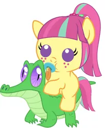 Size: 836x1017 | Tagged: safe, artist:red4567, derpibooru import, gummy, sour sweet, ponified, pony, equestria girls, friendship games, baby, baby pony, cute, equestria girls ponified, pacifier, ponies riding gators, recolor, riding, sourbetes, weapons-grade cute