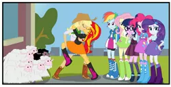 Size: 3190x1628 | Tagged: safe, artist:gutovi, derpibooru import, edit, applejack, fluttershy, pinkie pie, rainbow dash, rarity, sci-twi, sunset shimmer, twilight sparkle, sheep, comic:why me!?, equestria girls, friendship games, appleshimmer, boots, bracelet, breaking the fourth wall, clothes, cropped, female, jacket, jealous, jewelry, kissing, leather jacket, lesbian, looking at you, no fourth wall, shipping, shoes, skirt