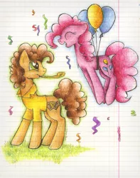 Size: 1114x1414 | Tagged: artist:mufflinka, balloon, cheese sandwich, derpibooru import, lined paper, pinkie pie, safe, then watch her balloons lift her up to the sky, traditional art