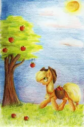 Size: 1082x1633 | Tagged: safe, artist:mufflinka, derpibooru import, applejack, apple, apple tree, basket, food, solo, traditional art, tree