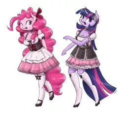 Size: 1280x1186 | Tagged: anthro, apron, arm hooves, artist:king-kakapo, clothes, cloven hooves, derpibooru import, dress, duo, duo female, female, flower, frilly dress, high heels, hoof hands, mary janes, multiple variants, pinkie pie, ribbon, safe, simple background, skirt, socks, stockings, twilight sparkle, unguligrade anthro, unshorn fetlocks, white background
