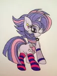 Size: 2448x3264 | Tagged: safe, artist:shadayloronic, derpibooru import, twilight sparkle, twilight sparkle (alicorn), alicorn, pony, castle sweet castle, alternate hairstyle, choker, clothes, earring, female, leg warmers, mare, piercing, punklight sparkle, socks, solo, spiked choker, striped socks, traditional art