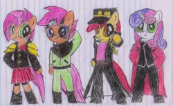 Size: 3217x1987 | Tagged: anthro, apple bloom, arm hooves, artist:jojostardust, babs seed, clothes, cosplay, costume, crossover, cutie mark crusaders, derpibooru import, edward elric, final fantasy, final fantasy type-0, fullmetal alchemist, jojo's bizarre adventure, jotaro kujo, lined paper, naruto, safe, sarutobi konohamaru, scootaloo, seven, stardust crusaders, sweetie belle, traditional art, unguligrade anthro