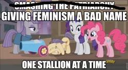 Size: 889x488 | Tagged: 1000 years in photoshop, artist:psyga315, caption, derpibooru import, edit, edited screencap, feminism, feminism is magic, image macro, maud pie, meme, patriarchy, pinkie pie, rarity, safe, screencap, social justice warrior, street rat, the gift of the maud pie