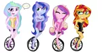 Size: 2812x1460 | Tagged: safe, artist:fun-time-is-party, derpibooru import, princess cadance, princess celestia, princess luna, sunset shimmer, equestria girls, friendship games, dean cadance, high heels, leotard, principal celestia, unicycle, vice principal luna