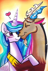 Size: 448x659 | Tagged: safe, artist:alia-star, derpibooru import, discord, princess celestia, blushing, dislestia, female, heart, hug, male, shipping, straight