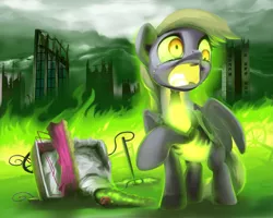 Size: 1125x900 | Tagged: grimdark, artist:moonlitbrush, derpibooru import, derpy hooves, ghoul, glowing one, pegasus, pony, undead, comic:derpy deliveries, fallout equestria, ash, baby carriage, balefire bomb, burning, carriage, crying, dust, female, fire, ghoulification, glowing eyes, implied death, manehattan, mare, megaspell, pacifier, pram, ruins, sad, semi-transparent, skyscraper, solo, street