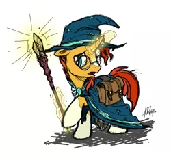 Size: 1024x946 | Tagged: safe, artist:hexfloog, derpibooru import, sunburst, pony, unicorn, cloak, clothes, crystal, hat, magic, male, saddle bag, solo, staff, stallion, wizard, wizard hat