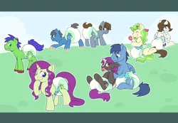 Size: 6912x4776 | Tagged: suggestive, artist:cuddlehooves, derpibooru import, oc, oc:arcanel, oc:blue button, oc:electrobolt, oc:feather spiral, oc:flicker sweet, oc:haven, oc:solid state, oc:vissy, unofficial characters only, earth pony, pegasus, pony, unicorn, absurd resolution, diaper, diaper fetish, embarrassed, group picture, happy, poofy diaper