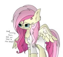 Size: 791x713 | Tagged: artist:php76, bed mane, chest fluff, clothes, derpibooru import, dialogue, ear fluff, faic, fluttershy, lidded eyes, messy mane, morning ponies, safe, shirt, simple background, solo, tired, white background, woll smoth