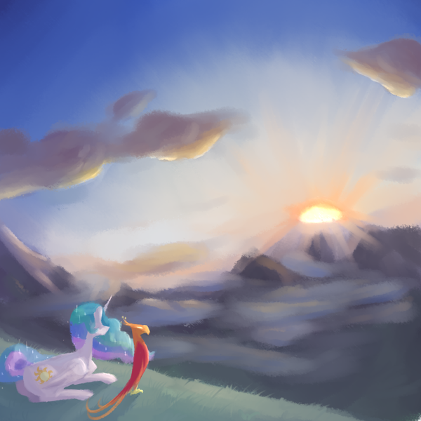 Size: 1500x1500 | Tagged: safe, artist:nobody, derpibooru import, philomena, princess celestia, scenery, sunrise