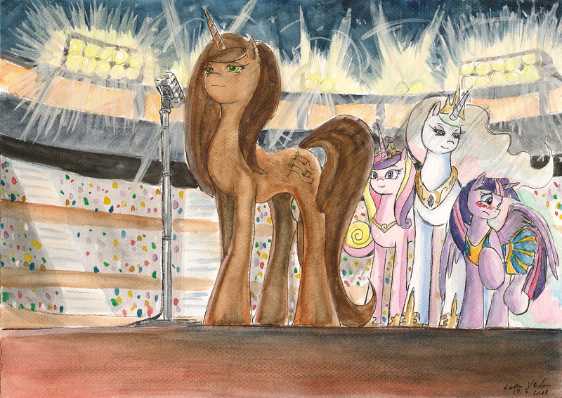 Size: 2316x1639 | Tagged: safe, artist:souleatersaku90, derpibooru import, princess cadance, princess celestia, twilight sparkle, twilight sparkle (alicorn), oc, alicorn, pony, commission, fanfic art, female, mare, stadium, the simple life, traditional art, watercolor painting