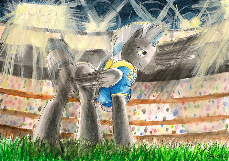 Size: 2321x1633 | Tagged: safe, artist:souleatersaku90, derpibooru import, thunderlane, pegasus, pony, fanfic, american football, clothes, commission, fanfic art, football helmet, helmet, jersey, male, solo, stadium, stallion, the simple life, traditional art, watercolor painting