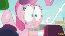 Size: 887x504 | Tagged: against glass, bait, derpibooru import, edit, edited screencap, faic, glass, pinkie pie, pinkie pie excited meme, reaction image, safe, screencap, the gift of the maud pie, this is bait