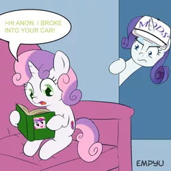 Size: 1000x1000 | Tagged: safe, artist:empyu, derpibooru import, edit, princess cadance, rarity, sweetie belle, pony, unicorn, /mlp/, 4chan, book, drama from another site, exploitable meme, hi anon, implied carjacking, meme, sweetie belle's book, the scruffening