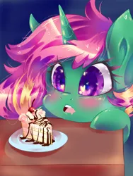 Size: 1200x1600 | Tagged: artist:dream--chan, cake, derpibooru import, drool, food, heart, oc, oc:alli, safe, unofficial characters only