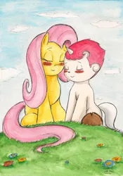 Size: 1632x2336 | Tagged: artist:souleatersaku90, colt, colt cuddler, crossover, crossover shipping, derpibooru import, female, fluttershy, male, mare, safe, shipping, straight, traditional art, unico, watercolor painting