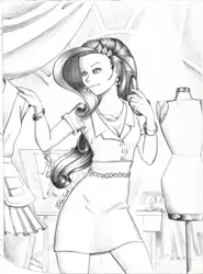 Size: 2436x3295 | Tagged: safe, artist:aspirantedeartista, derpibooru import, rarity, canterlot boutique, equestria girls, life is a runway, breasts, carousel boutique, cleavage, fashion, female, humanized, it is on, monochrome, solo