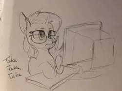 Size: 1600x1200 | Tagged: safe, artist:whale, derpibooru import, trixie, pony, unicorn, computer, descriptive noise, female, glasses, keyboard, mare, meme, monitor, monochrome, solo, traditional art, typing