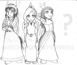 Size: 500x420 | Tagged: armpits, artist:dj-black-n-white, derpibooru import, female, monochrome, oc, oc:dawn, oc:mistake, oc:salai, offspring, parent:king sombra, parent:princess celestia, parent:queen chrysalis, parent:queen umbra, regalia, safe, satyr, unofficial characters only, wip