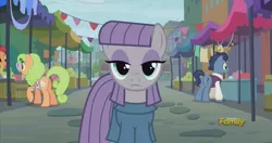 Size: 1919x1017 | Tagged: safe, derpibooru import, screencap, chock-full carafe, floral pattern, maud pie, waxton, earth pony, pony, the gift of the maud pie, background pony, discovery family logo, female, looking at you, male, stare