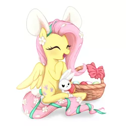 Size: 1024x1024 | Tagged: angel bunny, artist:0biter, bow, bunny ears, cute, derpibooru import, easter, easter basket, easter egg, flower, fluttershy, happy, safe, shyabetes, weapons-grade cute