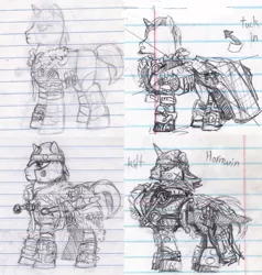 Size: 1140x1195 | Tagged: safe, artist:wisdom-thumbs, derpibooru import, oc, unofficial characters only, pony, unicorn, armor, kilt, lined paper, male, monochrome, pencil drawing, sketch, solo, stallion, sword, swordpony, traditional art, weapon