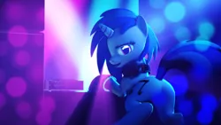 Size: 3840x2160 | Tagged: suggestive, artist:radiativespinger, derpibooru import, vinyl scratch, pony, unicorn, 3d, color porn, female, from behind, glowstick, headphones, looking at you, looking back, mixer, open mouth, plot, presenting, solo, solo female, source filmmaker, strategically covered