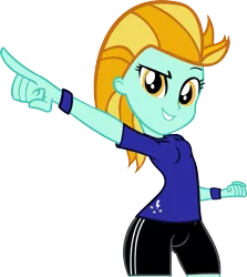 Size: 819x918 | Tagged: safe, artist:ironm17, derpibooru import, lightning dust, human, equestria girls, blue topwear, check em, clothes, compression shorts, equestria girls-ified, female, gold hair, happy, image, orange eyes, png, short hair, shorts, simple background, smiling, solo, solo female, sweatband, t-shirt, tomboy, transparent background, two toned bottomwear, vector, wristband