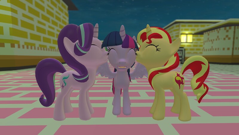 Size: 1360x768 | Tagged: safe, artist:mk513, derpibooru import, starlight glimmer, sunset shimmer, twilight sparkle, twilight sparkle (alicorn), alicorn, pony, 3d, counterparts, female, gmod, kiss on the cheek, kiss sandwich, kissing, lesbian, magical trio, mare, polyamory, shipping, sunsetsparkle, twilight's counterparts, twishimmerglimmer, twistarlight