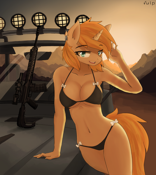 Size: 3333x3741 | Tagged: suggestive, artist:vulpessentia, derpibooru import, oc, oc:high impact, unofficial characters only, anthro, unicorn, anthro oc, armpits, belly button, big breasts, bikini, breasts, clothes, ear fluff, female, gun, looking at you, open mouth, rifle, solo, solo female, swimsuit, weapon