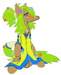 Size: 751x921 | Tagged: safe, artist:perfectaquarium, derpibooru import, oc, oc:taproot, unofficial characters only, blushing, clothes, crying, dress, embarrassed, flower, hair bun