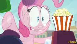 Size: 887x504 | Tagged: safe, derpibooru import, edit, pinkie pie, the gift of the maud pie, against glass, faic, food, glass, meme, pinkie pie excited meme, popcorn